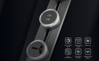 Track power socket featuring multiple outlets and USB ports, mounted on a sleek and modern aluminum track for efficient and organized power management in homes or offices