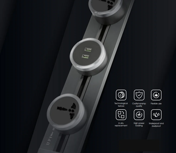 Track power socket featuring multiple outlets and USB ports, mounted on a sleek and modern aluminum track for efficient and organized power management in homes or offices