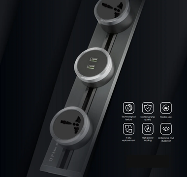 Track power socket featuring multiple outlets and USB ports, mounted on a sleek and modern aluminum track for efficient and organized power management in homes or offices